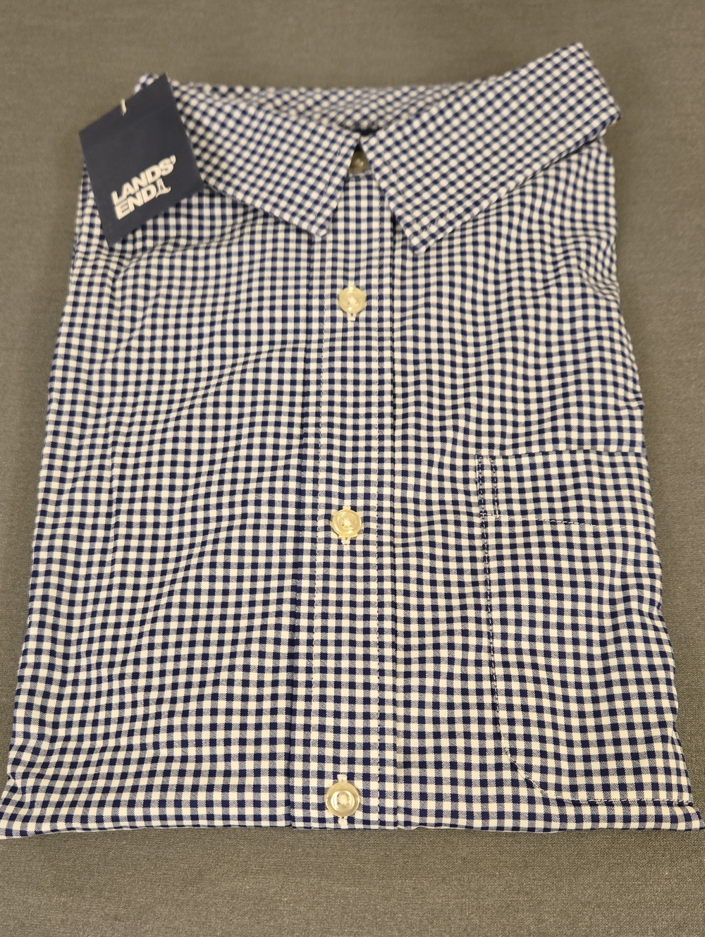 Lands' End Men’s Navy and White Checked Button-Up Quick Dry Shirt